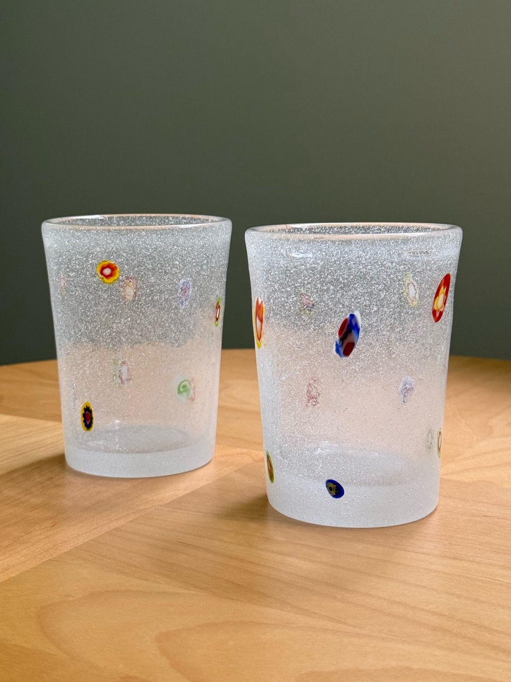 Set of 2 Murano Millefiori Vintage Blown Bubble Art Tumbler Drinking Glasses